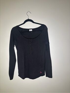 PINK Victoria's Secret Black Long-Sleeve Henley with Pink Logo